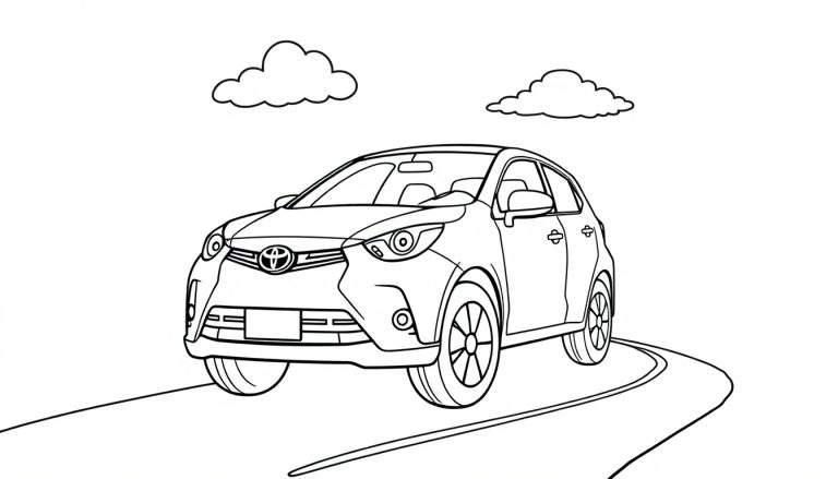 Coche Toyota para colorear con contorno negro y blanco y la placa de color a la vista.