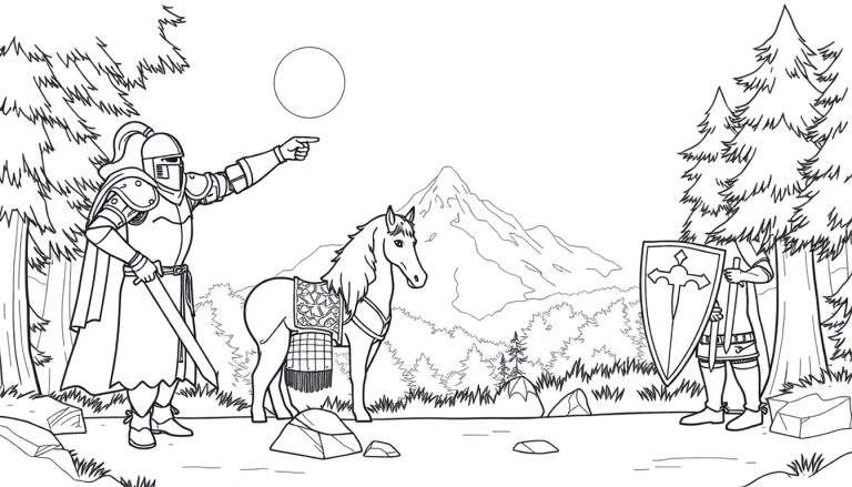 Dibujo de caballeros medievales y un caballo, listo para colorear. Placa de color.