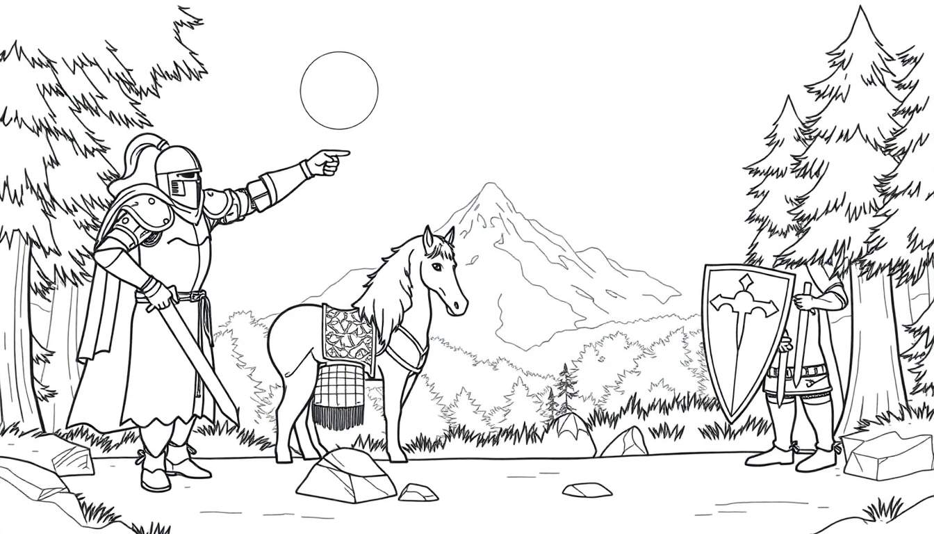 Dibujo de caballeros medievales y un caballo, listo para colorear. Placa de color.