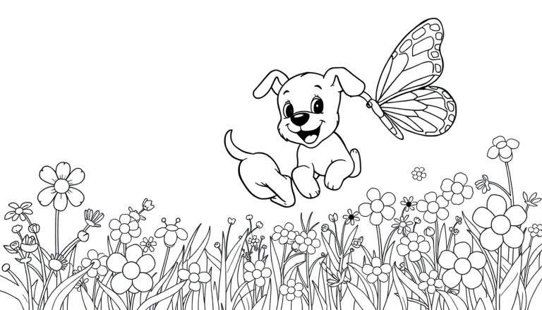 Un cachorro sonriente saltando persiguiendo una mariposa en un campo de flores para colorear en esta placa de color.