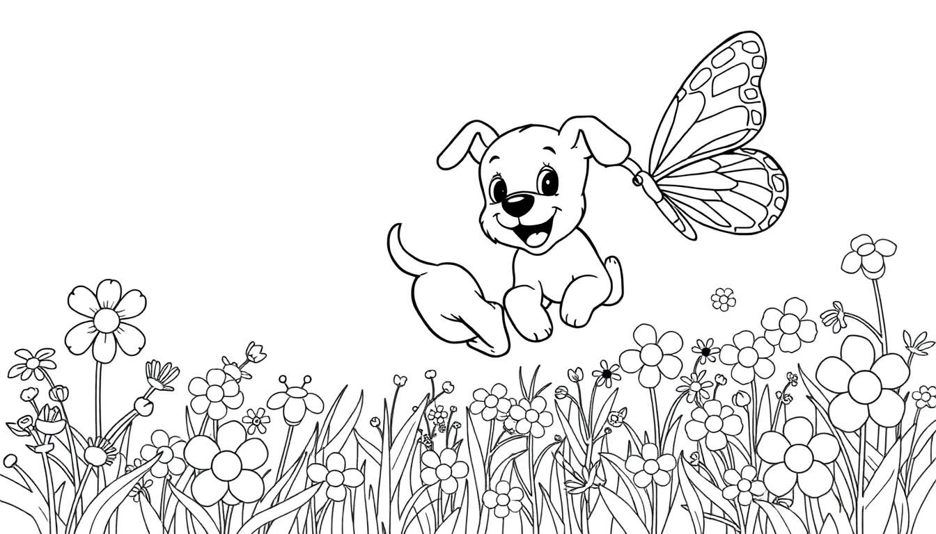 Un cachorro sonriente saltando persiguiendo una mariposa en un campo de flores para colorear en esta placa de color.