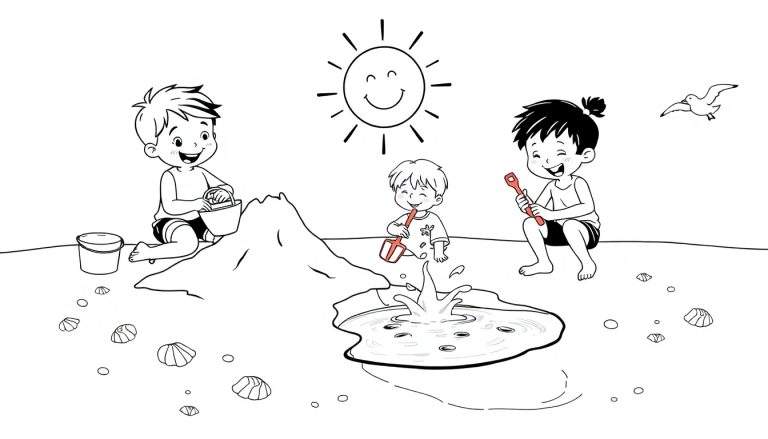 Un dibujo en blanco y negro de una escena de playa con tres niños jugando, un sol sonriente y conchas marinas. Es una placa de color esperando ser pintada.