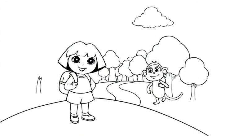 Dora la Exploradora y Botas preparándose para una aventura en esta placa de color.