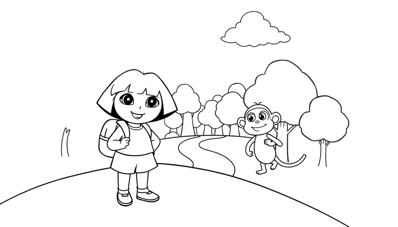 Dora la Exploradora y Botas preparándose para una aventura en esta placa de color.