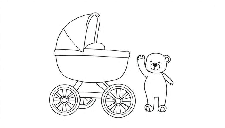 Dibujo para colorear de un cochecito Audi con un osito saludando, listo para la placa de color.