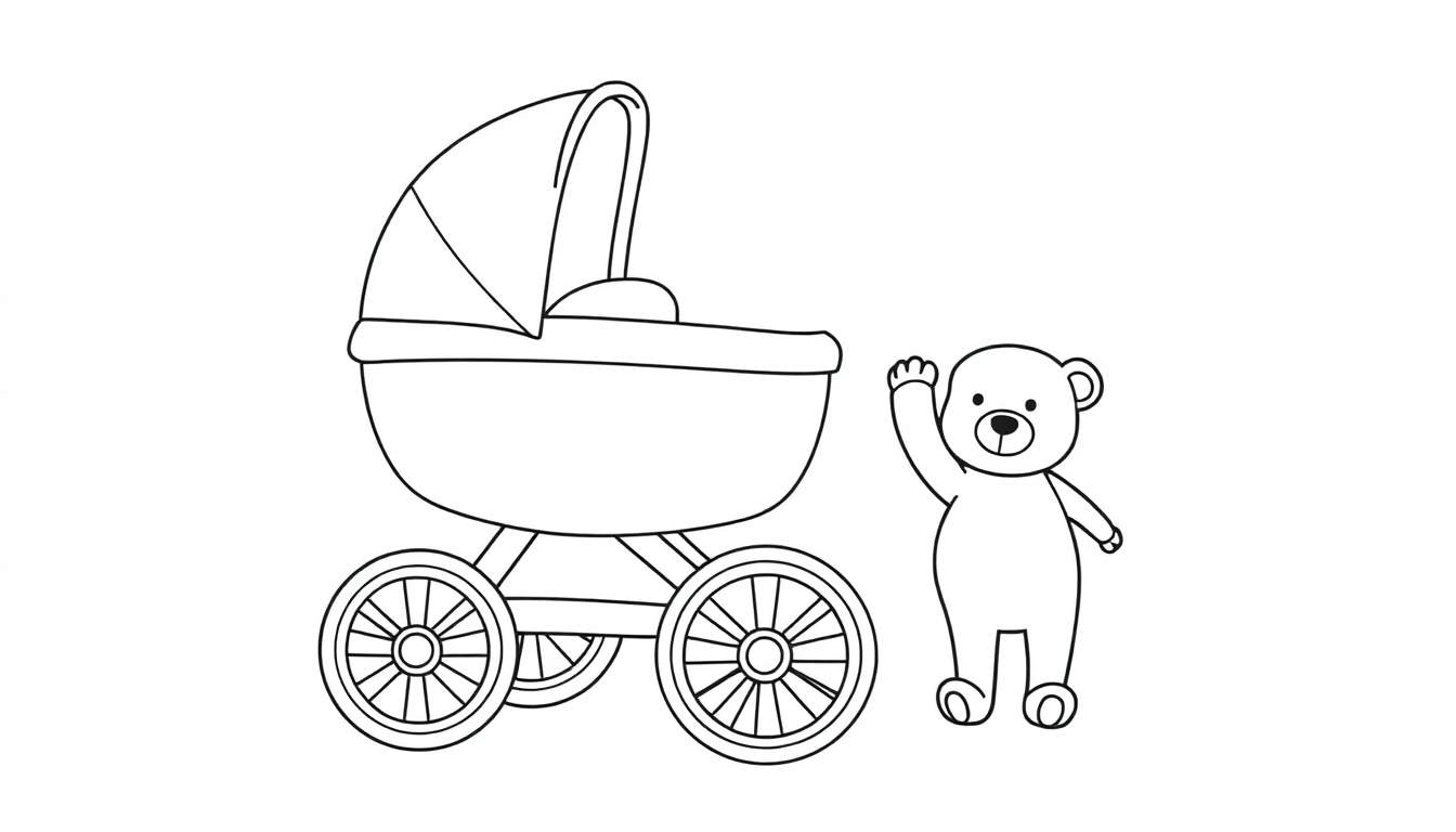 Dibujo para colorear de un cochecito Audi con un osito saludando, listo para la placa de color.
