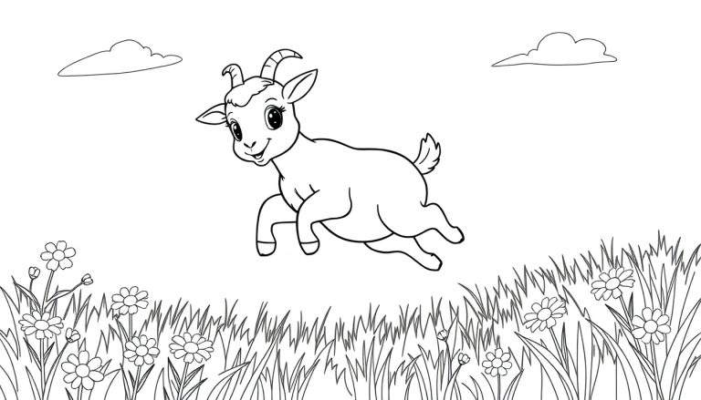 Placa de color: una cabra bebé salta feliz en un campo con flores y nubes.
