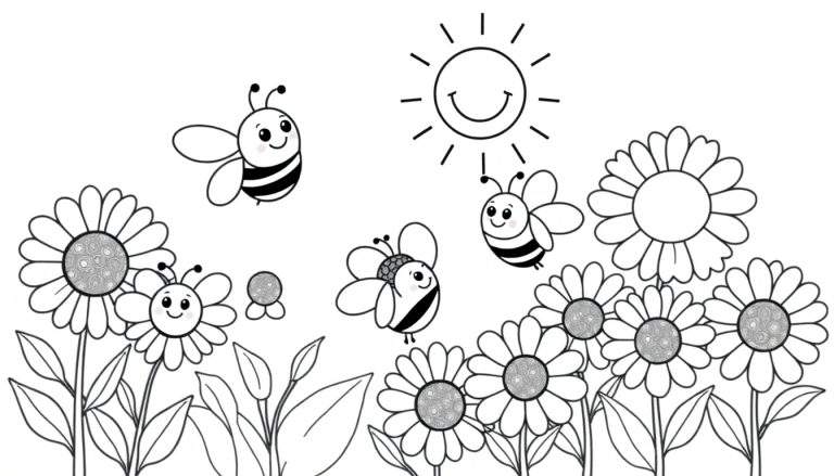 Placa de color de un sol sonriente, abejas amigables y flores de margarita.
