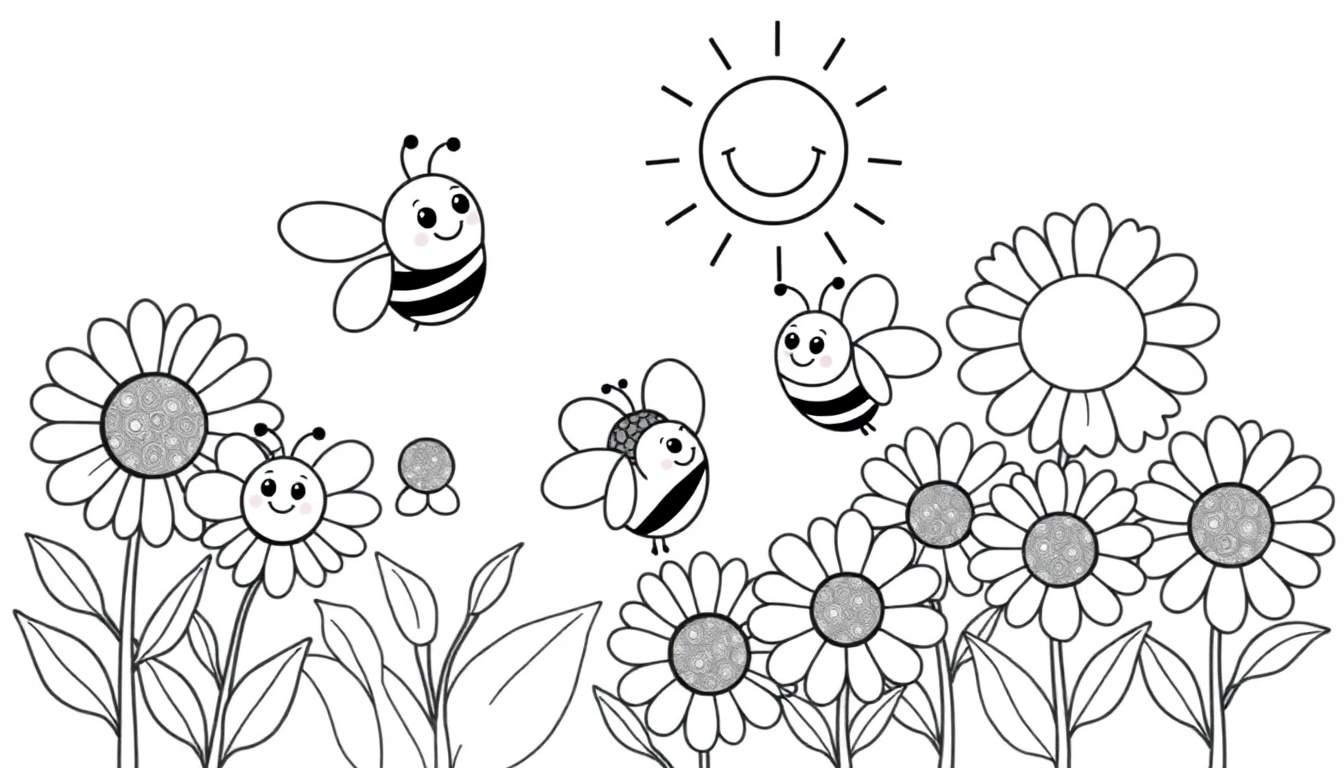 Placa de color de un sol sonriente, abejas amigables y flores de margarita.