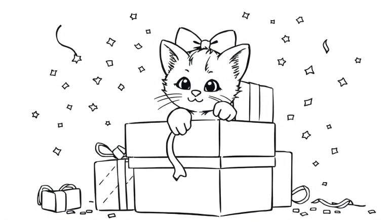 Un gatito lindo asoma por una pila de regalos con un lazo en la cabeza, listo para una aventura en esta placa de color.