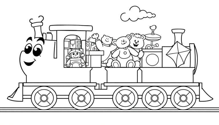 Un tren de juguete sonriente con vagones llenos de ositos de peluche y una figura de conductor, sobre vías, listo para ser coloreado.