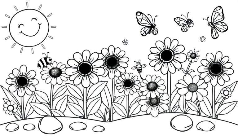 Placa de color de un sol sonriente sobre un campo de flores y mariposas.