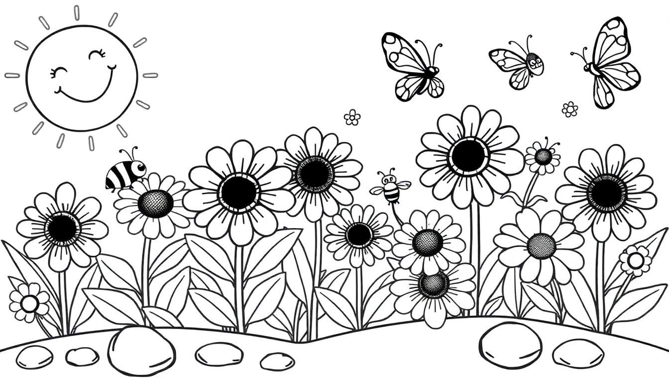 Placa de color de un sol sonriente sobre un campo de flores y mariposas.