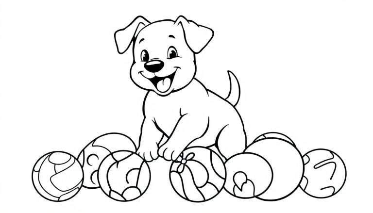 Perro cachorro feliz jugando con pelotas, ideal para colorear.