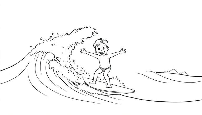 Niño sonriendo surfeando una ola, disponible como placa de color.