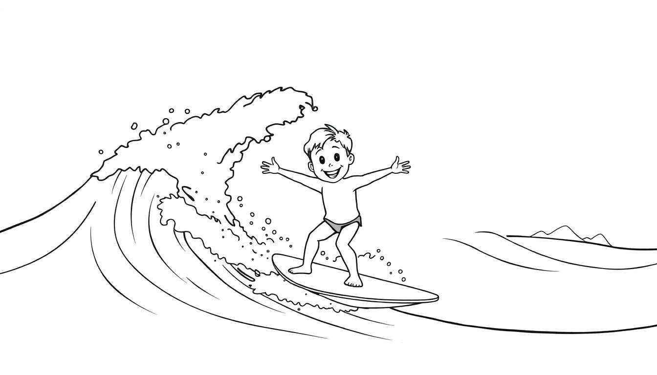 Niño sonriendo surfeando una ola, disponible como placa de color.