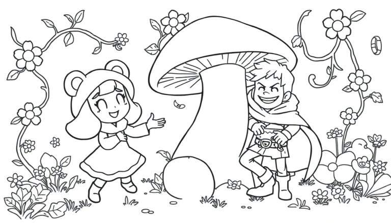 Página para colorear de Nita y León en un bosque mágico, con una gran seta, Nita saludando y León con los brazos cruzados, rodeados de flores y vegetación.