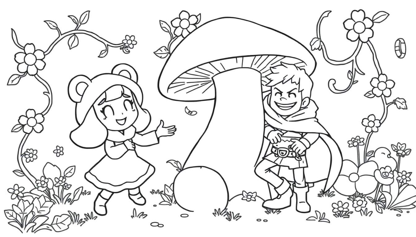 Página para colorear de Nita y León en un bosque mágico, con una gran seta, Nita saludando y León con los brazos cruzados, rodeados de flores y vegetación.