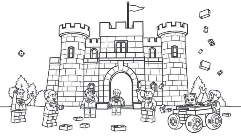 Una página para colorear en blanco y negro con un castillo de LEGO y figuras de LEGO jugando con ladrillos de colores.