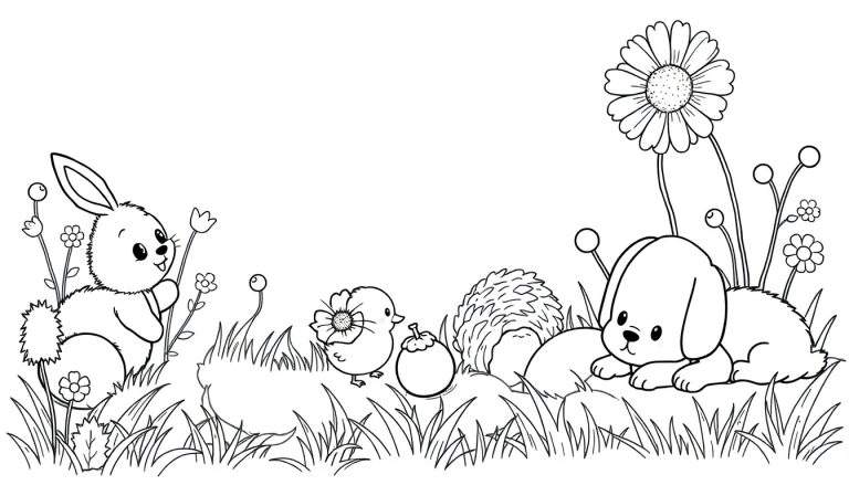 Placa de color en blanco y negro de un conejo, un pollito con un huevo y un perro en un prado.