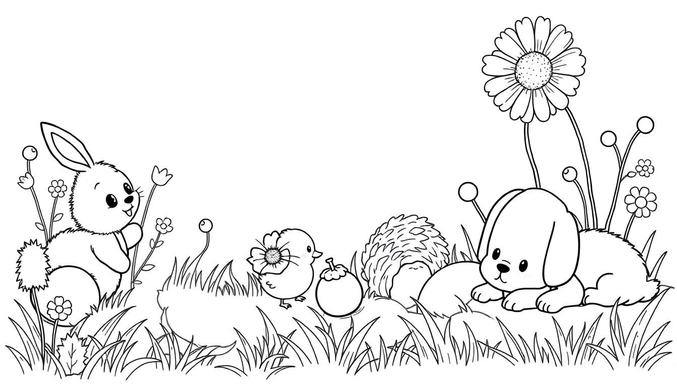 Placa de color en blanco y negro de un conejo, un pollito con un huevo y un perro en un prado.