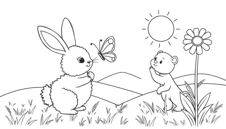 Placa de color de un conejito mirando una mariposa, un osito admirando una flor y el sol en un prado.