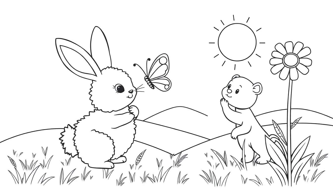 Placa de color de un conejito mirando una mariposa, un osito admirando una flor y el sol en un prado.