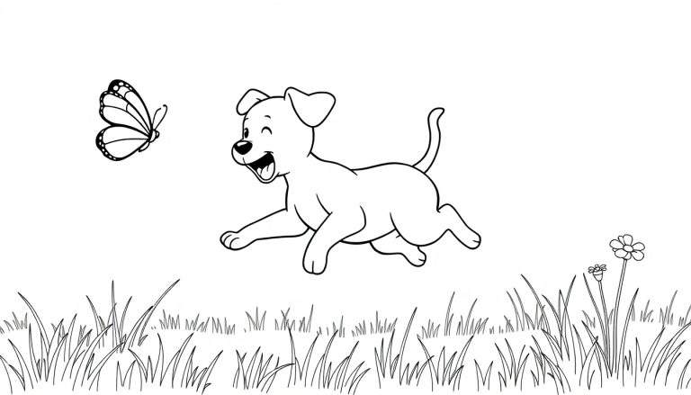 Perro de dibujos animados persiguiendo una mariposa, listo para colorear en una placa de color.