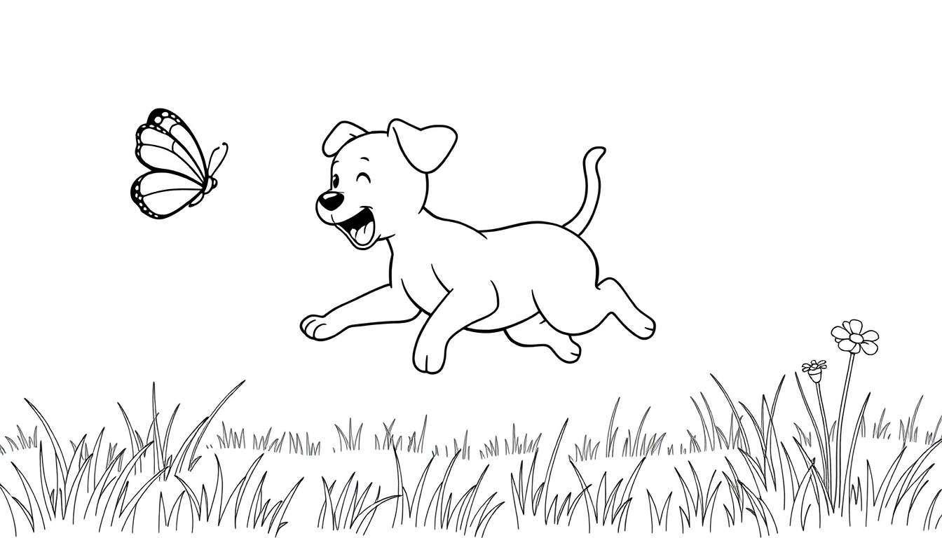 Perro de dibujos animados persiguiendo una mariposa, listo para colorear en una placa de color.