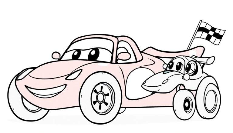 Dos coches de carreras de dibujos animados sonrientes, uno grande y rosa, el otro más pequeño y aerodinámico con un alerón, ambos listos para ser coloreados con una placa de color.