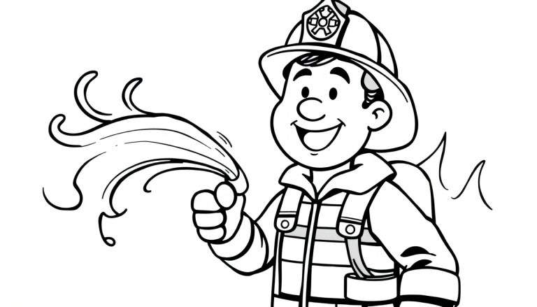 Bombero de dibujos animados con casco y manguera, página para colorear con placa de color.