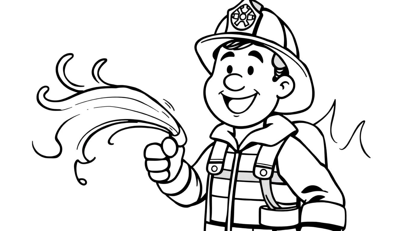 Bombero de dibujos animados con casco y manguera, página para colorear con placa de color.