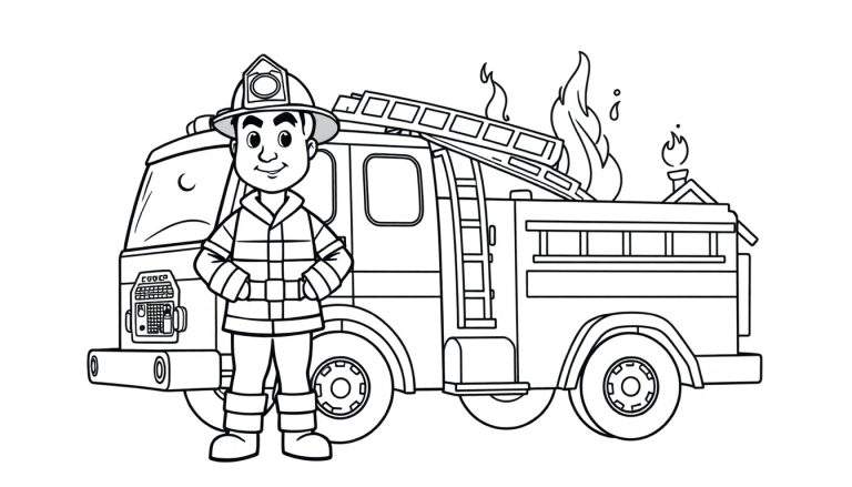 Bombero sonriendo con las manos en las caderas frente a un camión de bomberos con una placa de color, listo para apagar un pequeño fuego sobre el camión.