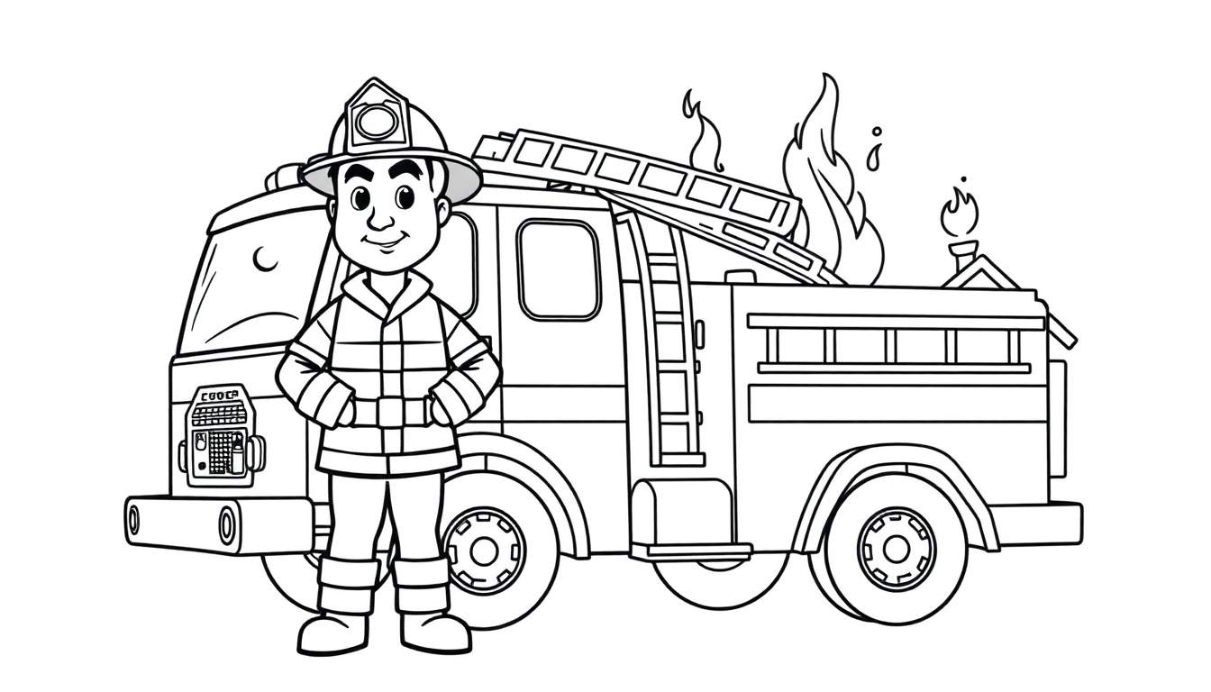 Bombero sonriendo con las manos en las caderas frente a un camión de bomberos con una placa de color, listo para apagar un pequeño fuego sobre el camión.