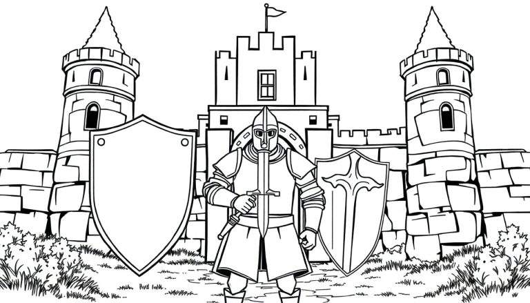 Un caballero en armadura con espada frente a un castillo en blanco y negro, listo para colorear en una placa de color.