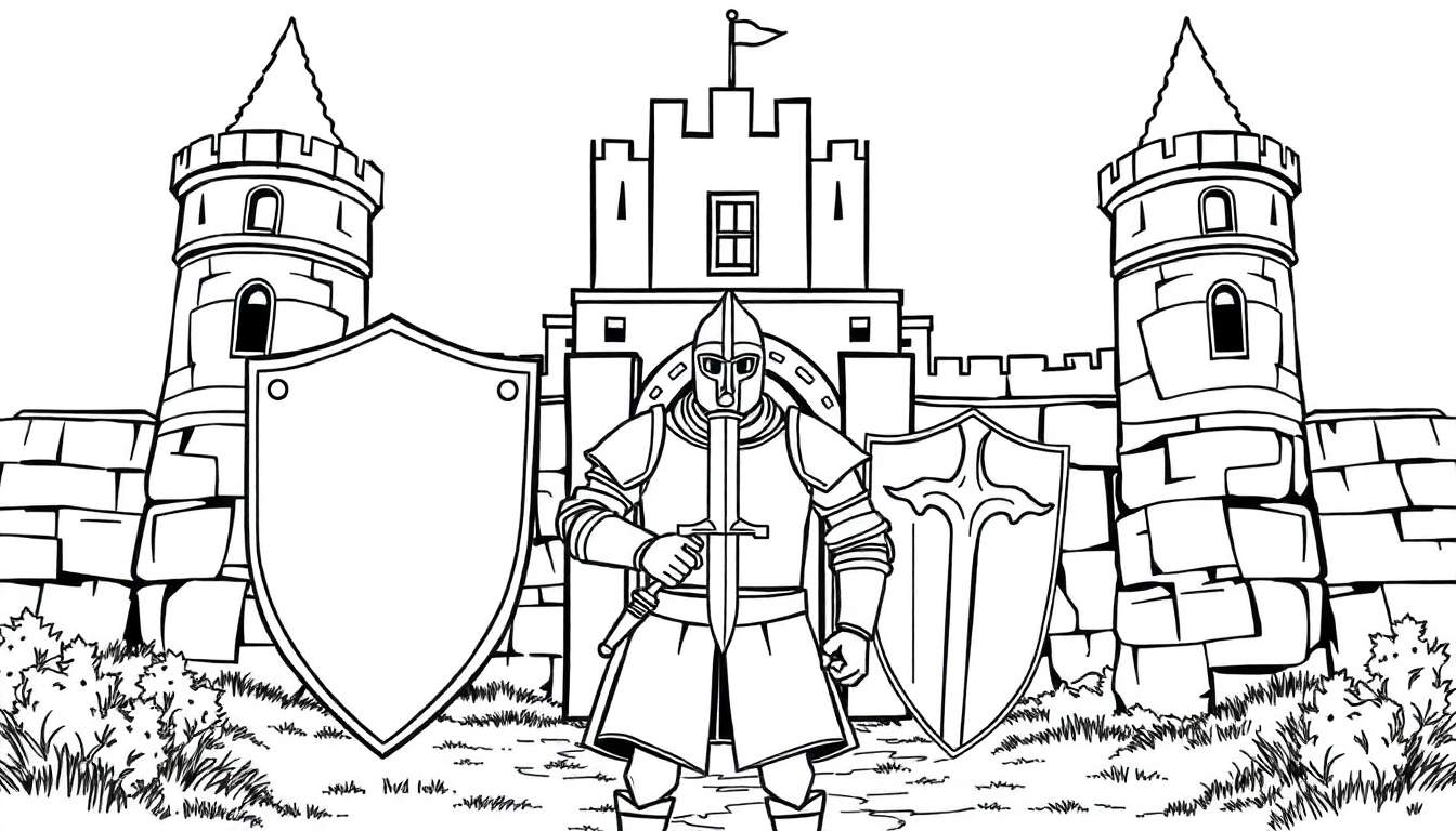 Un caballero en armadura con espada frente a un castillo en blanco y negro, listo para colorear en una placa de color.