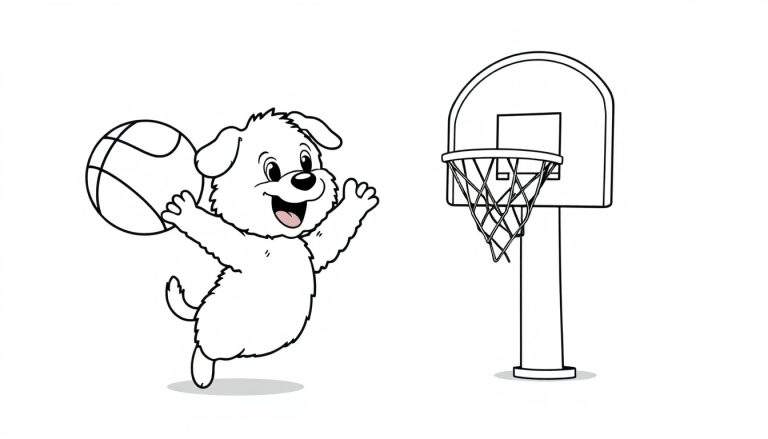 Placa de color de un cachorro de dibujos animados jugando al baloncesto, listo para colorear.