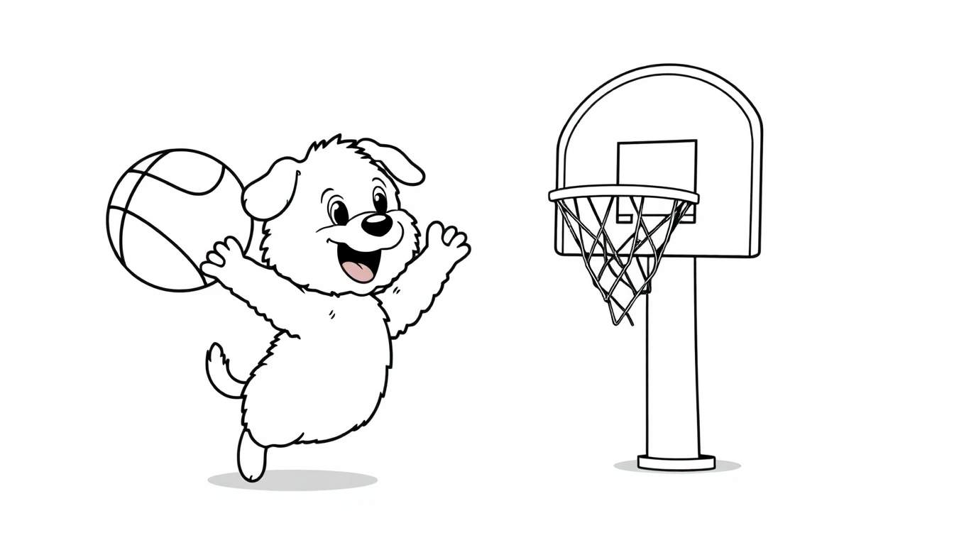 Placa de color de un cachorro de dibujos animados jugando al baloncesto, listo para colorear.