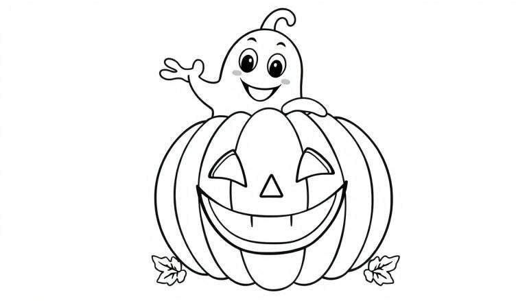 Página para colorear de una calabaza de Halloween con un fantasma amigable saludando. Placa de color para niños.