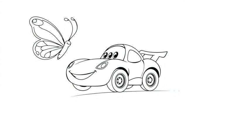 Página para colorear de un coche de carreras amigable persiguiendo una mariposa, lista para ser coloreada.