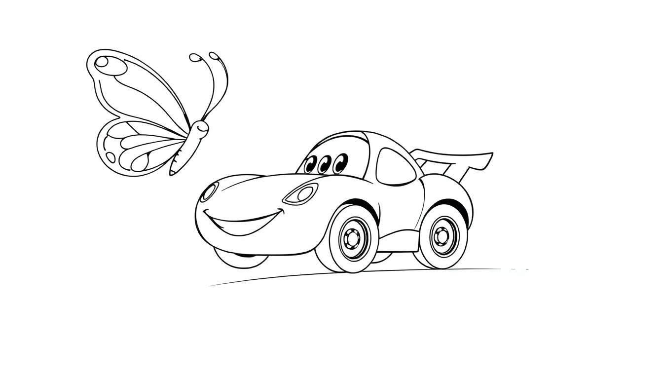 Página para colorear de un coche de carreras amigable persiguiendo una mariposa, lista para ser coloreada.