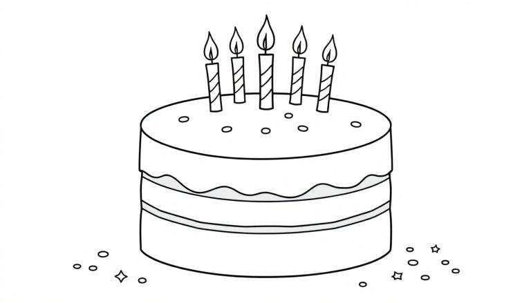Página de colorear de una placa de pastel de cumpleaños con tres capas, velas encendidas y confeti.