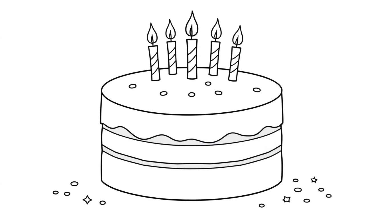 Página de colorear de una placa de pastel de cumpleaños con tres capas, velas encendidas y confeti.