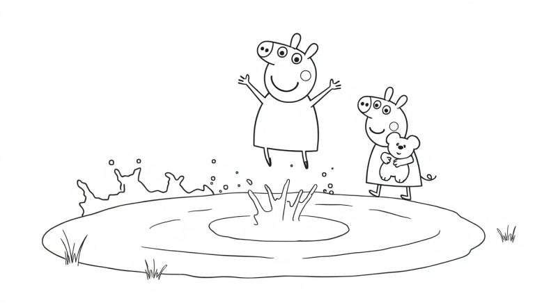 Peppa Pig y George jugando en un charco de lodo, página para colorear con placa de color.