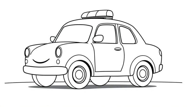 Un coche de policía de dibujos animados amigable con una placa de color lista para pintar.