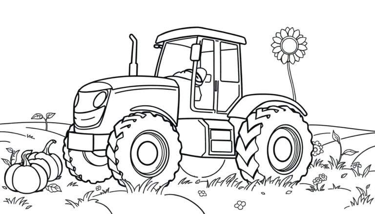 Un tractor de libro para colorear con calabazas y un girasol.