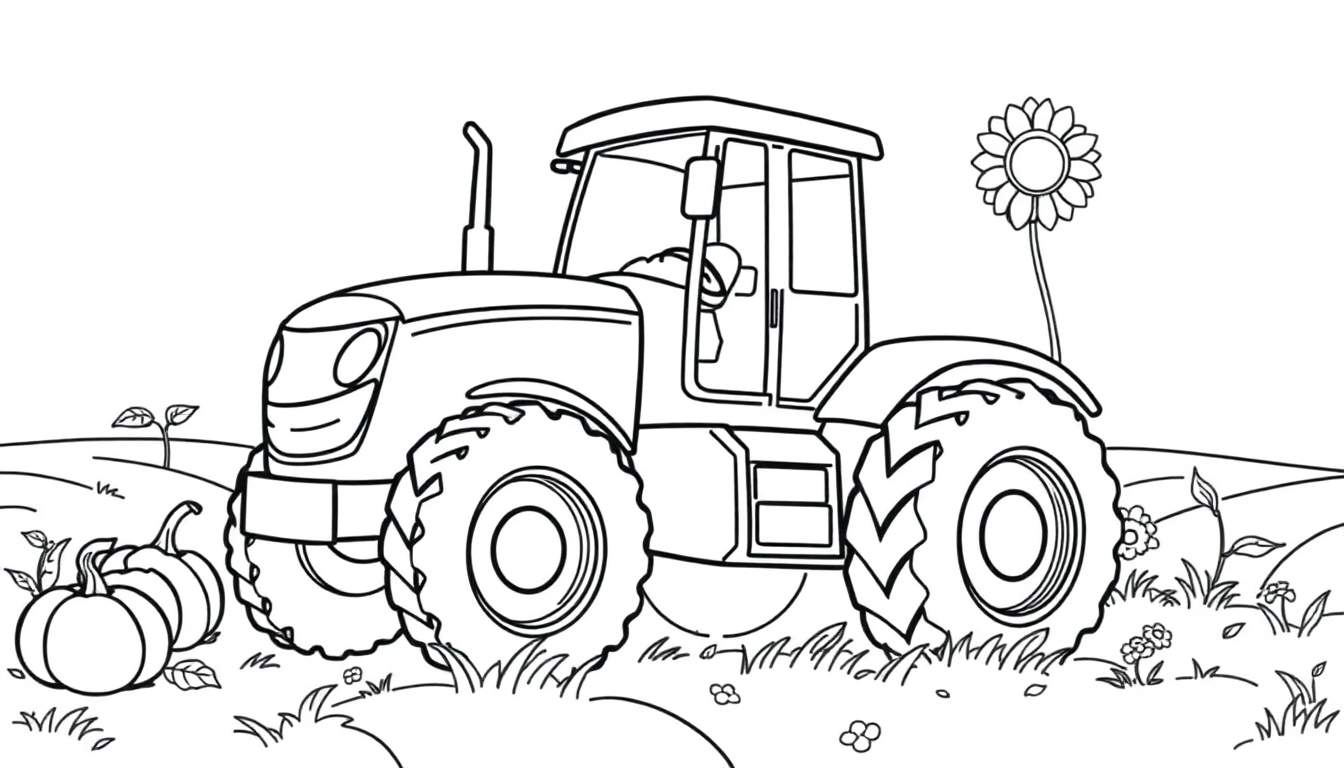 Un tractor de libro para colorear con calabazas y un girasol.