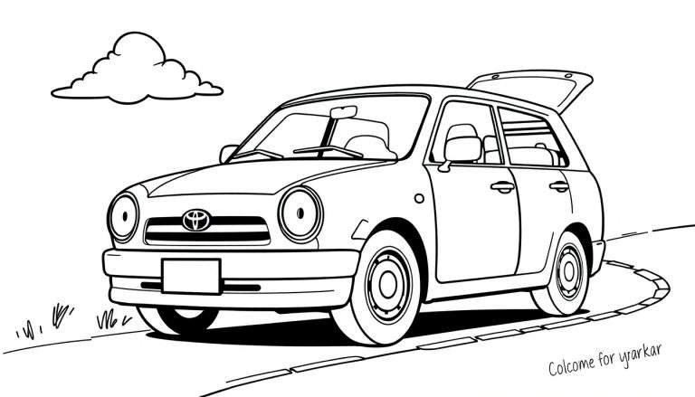 Página para colorear de un coche Toyota blanco y negro con el maletero abierto y un logo de Toyota.