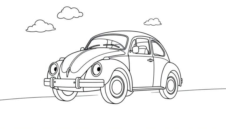 Un escarabajo VW sonriente listo para colorear con una placa de color para guiar.
