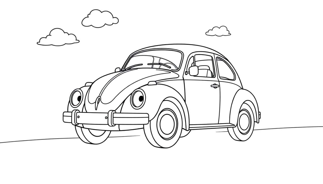 Un escarabajo VW sonriente listo para colorear con una placa de color para guiar.
